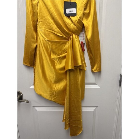 Mac Duggal Size 4 Yellow 70152 Asymmetric Hem Mini Cocktail Dress Long Sleeve - Picture 6 of 14